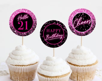 Hot Pink Cupcake Toppers for 21st Birthday, Neon Party Decor Hello 21 Years Happy Birthday Printable Twenty-One Black Confetti Label Tag