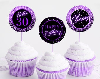Purple Cupcake Toppers for 30th Birthday, Neon Party Decor Printable Glow 30s Black Confetti Label Tag Thirty Hello 30 Years Happy Birthday