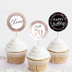 70th Birthday Cupcake Toppers, Rose Gold Confetti Birthday Party Decoration Black Round Tags Sticker Labels 70 Years Happy Birthday Seventy