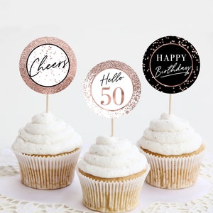 Adornos para cupcakes de 50.º cumpleaños / Decoración con purpurina negra y oro rosa / Etiqueta redonda / ¡Hola 50! ¡Feliz cumpleaños! / Descarga imprimible
