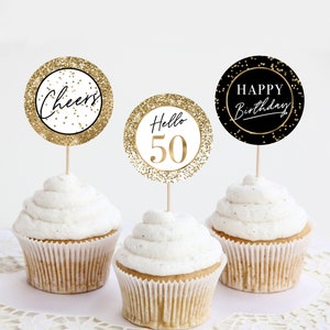 50th Birthday Cupcake Toppers, Gold Glitter Birthday Party Decorations Confetti Metallic Black Favor Tags 50 Year Happy Birthday Hello Fifty