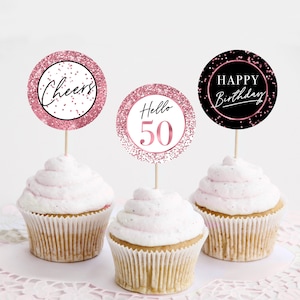 Adornos para cupcakes de 50 cumpleaños, decoraciones para fiesta de cumpleaños con purpurina rosa, confeti metálico, etiquetas de recuerdo, 50 años, feliz cumpleaños, hola cincuenta