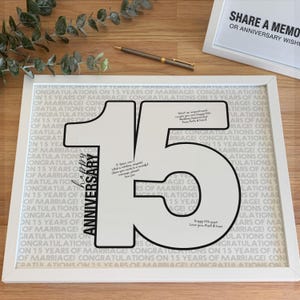 Letrero para el 15.º aniversario de bodas, póster para libro de visitas con mensaje personalizado para 15 años de matrimonio, imprimible con forma de 15 números.
