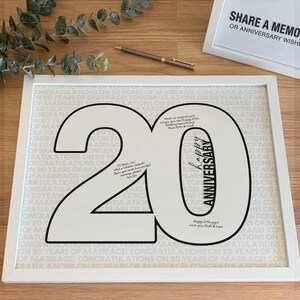 結婚 20 周年記念サイン、結婚 20 周年のメッセージを書き込めるゲストブック ポスター、20 の数字の形を印刷可能