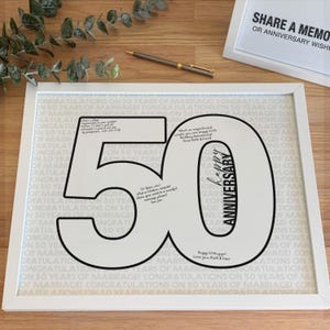 Znak na 50. rocznicę ślubu, plakat do księgi gości do pisania spersonalizowanej wiadomości na 50 lat małżeństwa, kształt pięćdziesiątki DO DRUKU