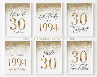 Gold 30th Birthday Party Decorations, Printable 30 Year Old Birthday Signs Women, Hello Thirty Cheers Fabulous Vintage 1994 Glitter 6 set
