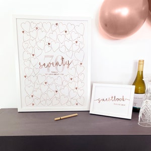 Rose Gold 70 Things We Love About You Printable Template Decorations for Women 70th Birthday Sign Signature Frame Seventy Reasons Why Poster