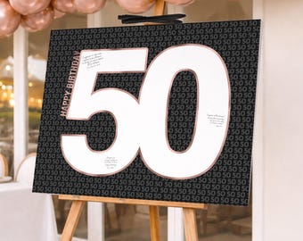 Women's 50th Birthday Party Sign In 50 Number Shape, Memory and Signature Board, Rose Gold Black Printable