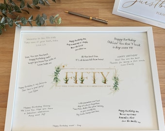 50th Signature Board Greenery Botanical Gold Birthday Party Printable, Photo Frame Sign In Wishes Treasured Memory Celebration 50 Years