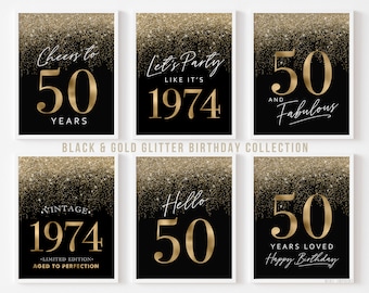 50th Birthday Decorations Black and Gold Party 2024 Men Instant Download Printable Party Signs 50 Hello Fifty Cheers Vintage 1974 6 set