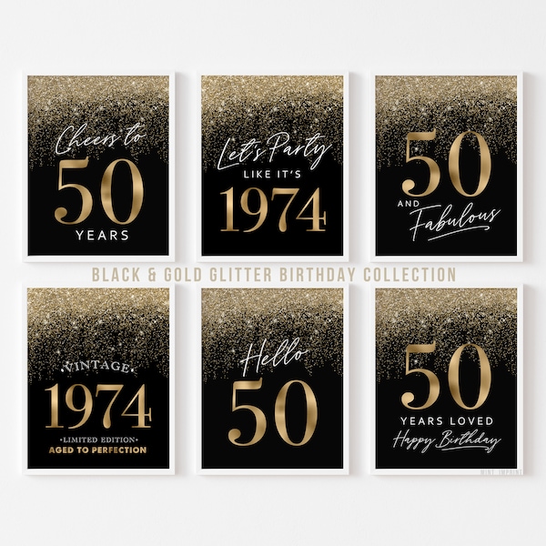 50th Birthday Decorations Black and Gold Party 2024 Men Instant Download Printable Party Signs 50 Hello Fifty Cheers Vintage 1974 6 set