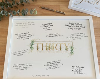 30th Signature Board Greenery Botanical Gold Birthday Party Printable, Photo Frame Sign In Wishes Treasured Memory Celebration 30 Years