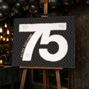 75th Guest Book Poster Printable Birthday Signage Share A Memory, Happy 75th Birthday Decorations Gold, Seventy-Five Years Write In