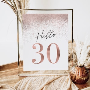 May include: A framed sign with the words "Hello 30" in black script and rose gold numbers. The top of the sign has a rose gold glitter effect. The sign is displayed in a clear glass frame, with decorative elements in the background.