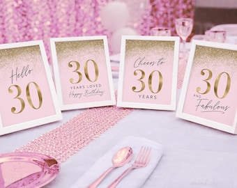 30th Birthday Decorations: Pink & Gold Glitter Printable Table Sign Bundle Set 4 (Digital Download)