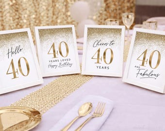 40th Birthday Gold Glitter Signs, Party Decor 40 Women (Digital 4 Set)