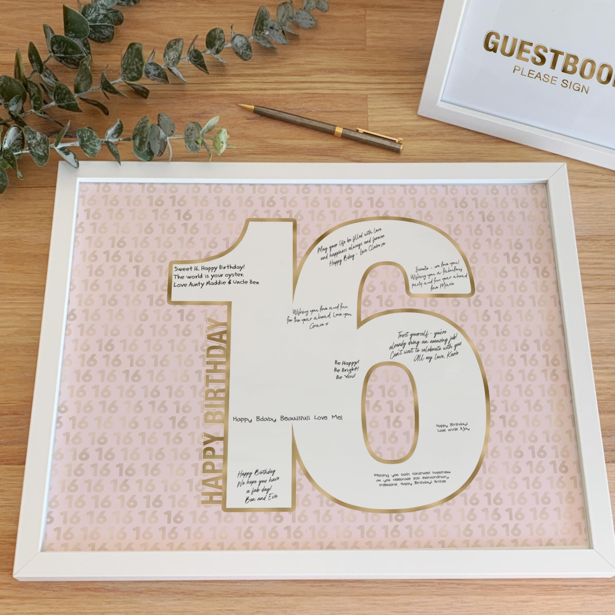 16th Birthday Memory Board, Girl Celebrating 16 Years, Pink Gold