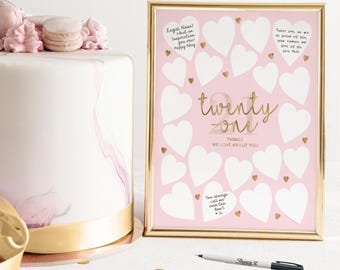 21 cosas que amamos de ti: Decoración para fiestas en rosa y oro / Tablero de firmas para el cumpleaños número 21 de la mujer