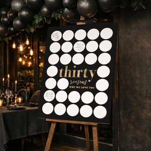 30 Reasons Why We Love You Printable, Thirty Black and Gold Party Decor Men's 30th Birthday Sign In Circles