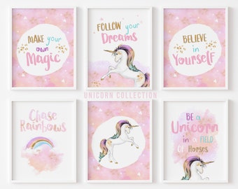 Unicorn Prints Set of 6, Unicorn Bedroom Printable Girls Wall Art Decor Pink Gold Purple Nursery Art Bundle Pastel Girls Room Art Nursery