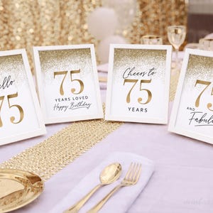 75th Birthday Gold Glitter Signs, Party Decor 75 Women (Digital 4 Set)