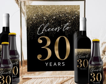 30th Birthday Black and Gold Glitter Bottle Label, Sign (Printable)