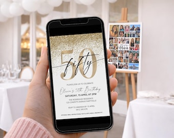 50th Birthday Invitation Template, Gold Glitter Digital Invite 50 (Editable Download)