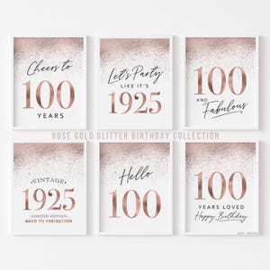 Decoraciones de cumpleaños número 100 para mujeres, letreros imprimibles en oro rosa, decoración de mesa para fiestas, juego de 6 letreros vintage "Nacido en 1925".