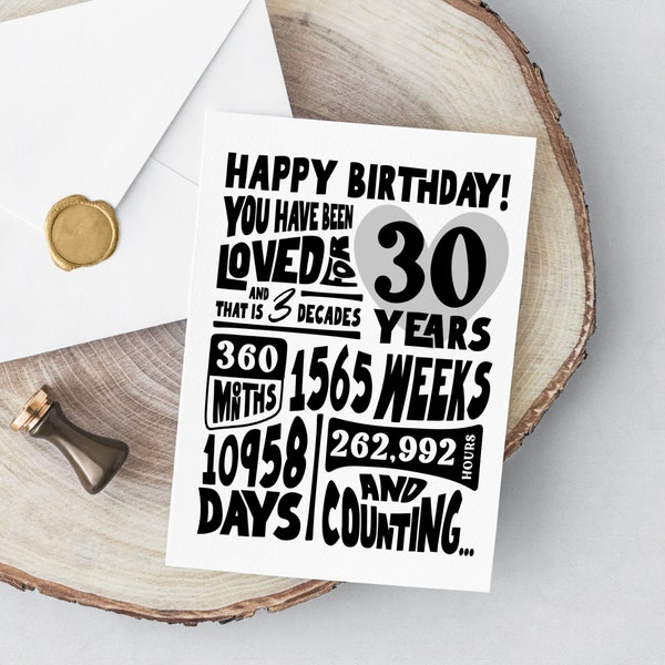 30th Happy Birthday Card Printable Stats, You Have Been Loved For 30 Years, DIY Digital Download Last Minute Gift Instant Greeting Card