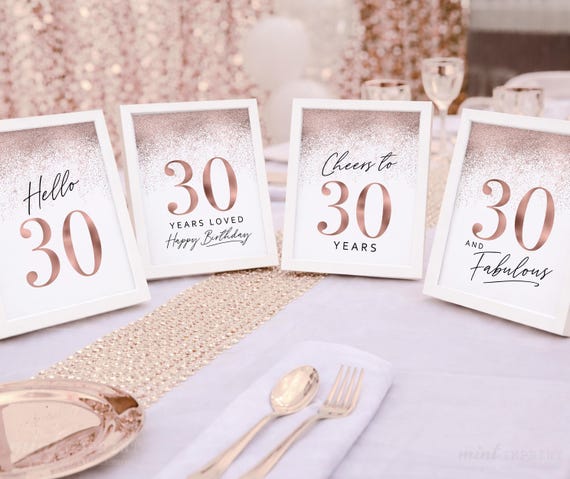Rose Gold 30th Birthday Party Decoration, Printable Table Sign 30 Bundle Set 4 (Digital)