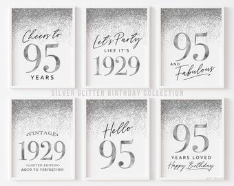 Decorations for 95th Birthday Party Printable Digital Download Birthday Bundle of 6 Set of Signs, Silver Confetti Bling Shiny Gray