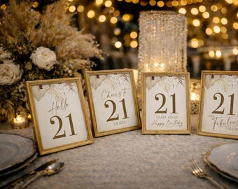 Cartelli da tavolo per il 21° compleanno, decorazioni floreali boho con palme secche neutre (set digitale da 4)