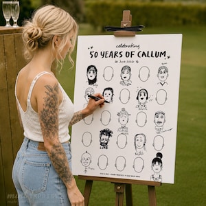 May include: A white rectangular sign on a wooden easel featuring the text "celebrating 50 YEARS OF CALLUM" and "June 2026". The sign displays a grid of illustrated faces and blank head outlines with the instruction "PICK A FACE + DRAW YOURSELF + SIGN YOUR NAME".
