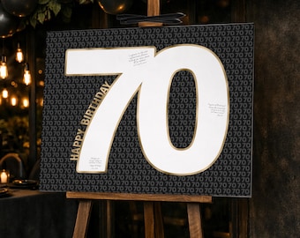 Podpis na 70. urodziny | Alternatywa dla księgi gości z numerem 70 | Czarno-złota pamiątka urodzinowa do druku dla mężczyzn
