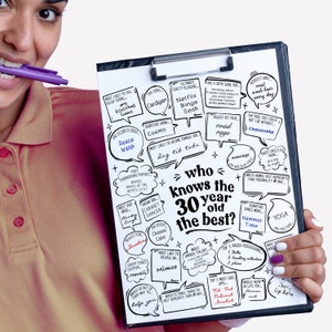 Fun 30th Birthday Party Game Trivia, Who Knows The 30 Year Old The Best, Printable Downloadable Poster Men Women, Guests Write In Keepsake