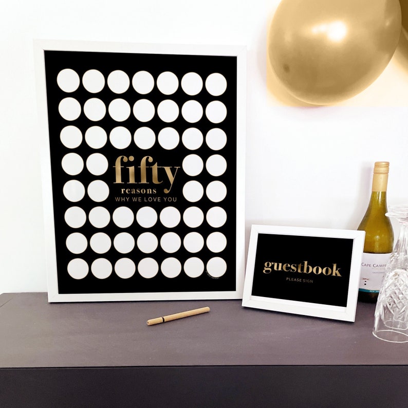 50th Birthday poster with wording "Fifty Reasons Why We Love You"