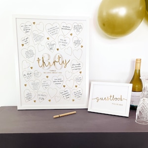 Gold 30 Dinge, die wir an Ihnen lieben Druckbare 30. Geburtstag Zeichen für Frauen, schreiben Sie in Herzen Gästebuch Andenken Brett Rahmen Dreißig Gründe Warum