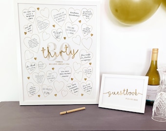 Gold 30 Things We Love About You Printable 30th Birthday Sign for Women, Write In Hearts guest Book Keepsake Board Frame Thirty Reasons Why