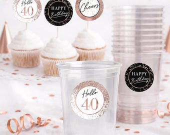 40th Birthday Tags for Cupcakes, Gift Bag Favors, Cup Labels | Rose Gold Glitter Cheers Hello 40 (Digital Download)