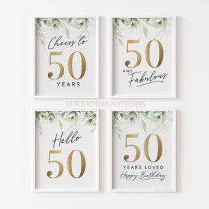 Letreros para fiesta de 50 cumpleaños, decoración de mesa floral con hojas verdes y doradas (60 unidades) (juego de 4)