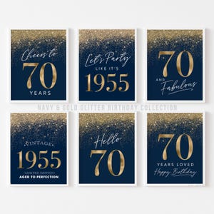 Letreros de feliz 70 cumpleaños en azul marino y dorado, decoraciones imprimibles de 1955, juego de 6 con texto en inglés "Hello 70 and Fabulous Vintage 1955", DESCARGA INSTANTÁNEA