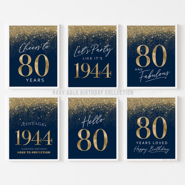 Navy Gold Happy 80th Birthday Signs, 1944 Printable Decorations Blue Eighty for Men, Male Birthday Party Like 6 set INSTANT DOWNLOAD