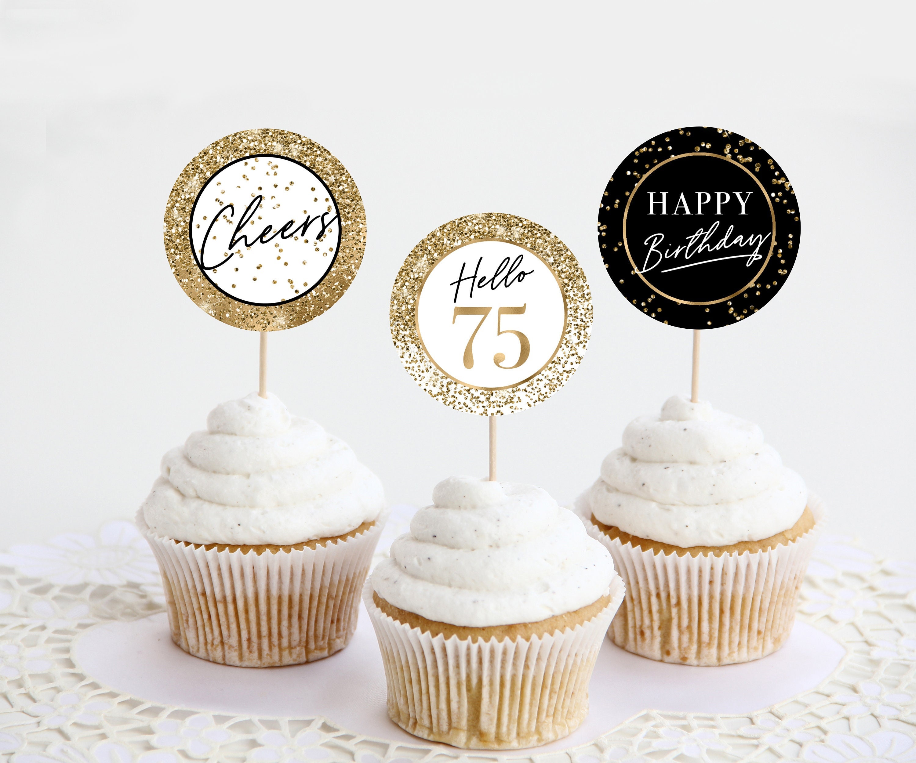 Gold Glitter Happy 75th Birthday Cake Topper,Hello 75, Cheers to 75  Years,75 & Fabulous Party Decoration 