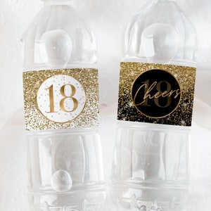 18th Birthday Water Bottle Label Gold Black White Glitter Party Decoration, Cheers to 18 Years Drink Wrap Napkin Envelope Printable Download