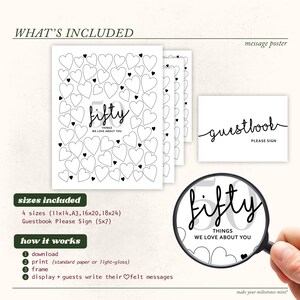 Peut inclure: Ensemble de panneaux et d'affiches de livre d'or imprimables. L'affiche principale pr&eacute;sente un motif rempli de c&oelig;urs avec le texte "Fifty Things We Love About You". Comprend un panneau de livre d'or et des instructions. Disponible en plusieurs tailles.