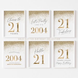 Gold 21st Birthday Party Decorations, Printable 21 Birthday Signs Women, Hello Twenty-One Cheers Fabulous Vintage 2004 GlitterTemplate 6 set