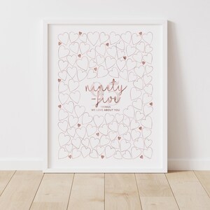 95 dingen die we leuk vinden aan jou afdrukbare poster voor grootmoeders moeder 95e verjaardag decoratie sentimentele cadeaubon alternatief roségouden hart
