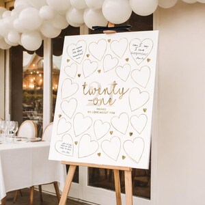 21 Things We Love About You Gold Party Decor, Printable Sign 21st Birthday Decoration Women, Write Hearts Guest Book Board Twenty-One image 2