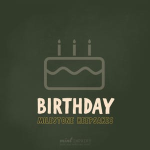 Pu&ograve; includere: Una grafica verde oliva scuro che presenta il contorno chiaro di una torta di compleanno con tre candeline. Sotto la torta, il testo recita BIRTHDAY in grandi lettere, seguito da MILESTONE KEEPSAKES e dal piccolo testo mint IMPRINT.