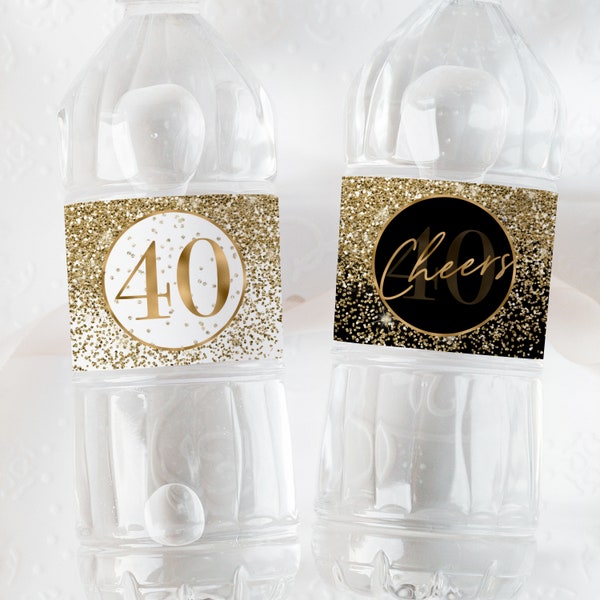 40th Water Bottle Labels Gold Black White Glitter Party Decorations Confetti, Cheers to 40 Years Printable Download